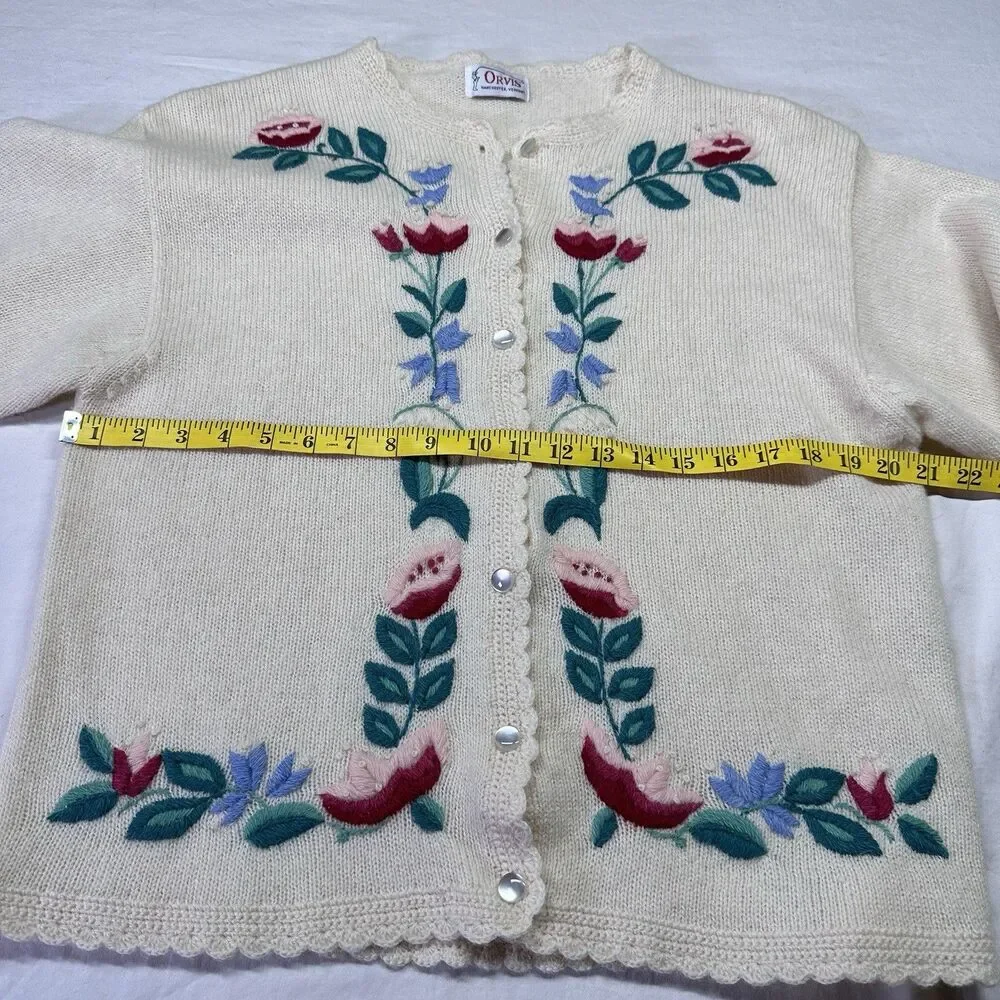 Orvis Embroidered Wool Cardigan Sz L Cream Vintage Cottagecore Statement Flower